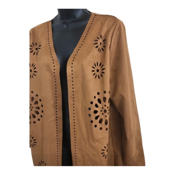 Brown boho laser cut faux suede overcoat topper jacket‎ size large new - Picture 5 of 17